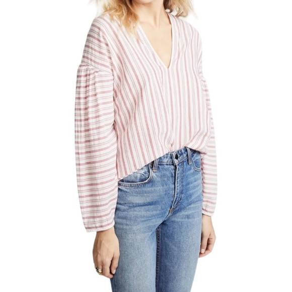 VINCE | Variegated Red Striped Long Sleeve Pullover Top | Cotton V-neck | Medium - Picture 4 of 14